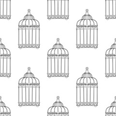Vintage line art seamless pattern with retro style bird cage.  Linear texture with interior elements for textile, fabric, paper. Elegant black and white outline minimalist  surface