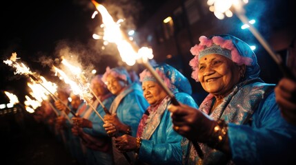 Obraz premium Navratri Celebrations: Participants' Joyful Expressions Shine in the Close-Up of Garba Dance, Portraying the Spirit of Unity and Celebration During the Nine Nights Festival. 