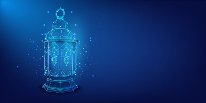 Futuristic Glowing Lantern with Intricate Patterns on a Dark Blue Background. Islamic Festival concept form lines and triangles. Vector illustration