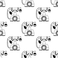 Vintage line art seamless pattern with retro style phone.  Linear texture with interior elements for textile, fabric, paper. Elegant black and white outline minimalist  surface - 711535915
