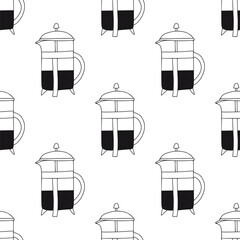 Seamless pattern with outline french press with coffee. Linear minimalist surface with hot beverage for kitchen textile, fabric, menu design. Black and white line art elements. Breakfast concept - 711535941