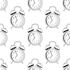 Vintage line art seamless pattern with retro style clock.  Linear texture with interior elements for textile, fabric, paper. Elegant black and white outline minimalist  surface