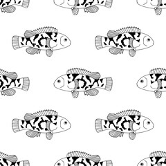 Vintage style seamless pattern with fish. Linear hand drawn elements. Bohemian line art simple minimalist texture for fabric, textile. Elegant outline vector surface. Wildlife underwater concept - 711535964
