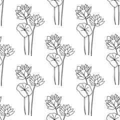 Vintage hand drawn seamless pattern with flowers. Black and white linear floral texture. Bohemian line art botany elements. Elegant outline spring or summer vector surface for textile, fabric, paper - 711536126