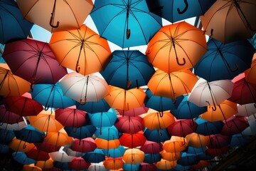 Fototapeta na wymiar A flock of floating umbrellas, illuminated by glowing lanterns and carried by colorful balloons, create a dreamlike spectacle in the evening sky