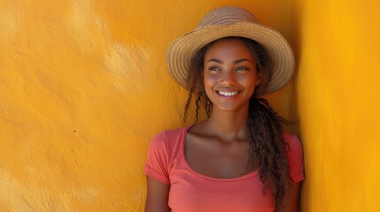 Lugareña posando con sombrero de paja, reportaje fotográfico, amarillo mostaza, camiseta rosa, piel morena, dientes blancos, espacio para copy, fondo muro amarillo con textura, sonriente, expresiva