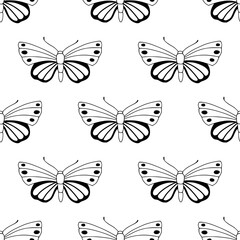 Vintage style seamless pattern with butterflies. Linear hand drawn elements. Bohemian line art simple minimalist texture for fabric, textile, paper. Elegant outline vector surface. Wildlife concept - 711536175
