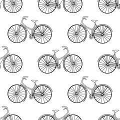 Vintage line art seamless pattern with bicycles. Linear texture with sport activity elements for textile, fabric, paper. Elegant black and white outline minimalist surface. Green eco transport concept - 711536196