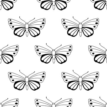 Vintage style seamless pattern with butterflies. Linear hand drawn elements. Bohemian line art simple minimalist texture for fabric, textile, paper. Elegant outline vector surface. Wildlife concept