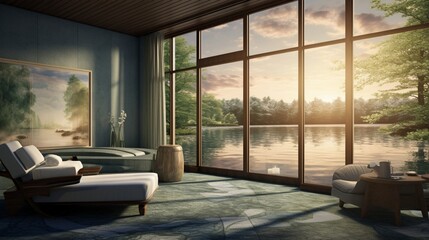 a visually soothing and refreshing atmosphere reminiscent of a calm lake on a tranquil day, evoking a sense of peace and rejuvenation.