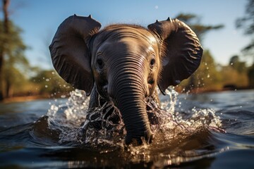 A majestic indian elephant gracefully cools off in the tranquil waters, its powerful trunk playfully spraying water while the sky and trees provide a serene backdrop for this beautiful mammal in its 