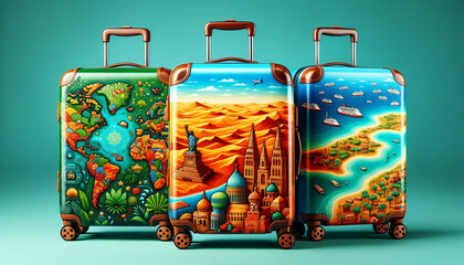 Vibrant Illustrated Suitcases Depicting World Travel and Adventure - Pack Your Dreams