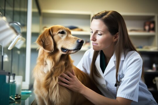 Female veterinarian examining golden retriever dog in vet clinic. Pet care concept
