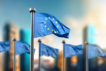 Flag of European Union on a blurred modern city backgroud - obrazy, fototapety, plakaty