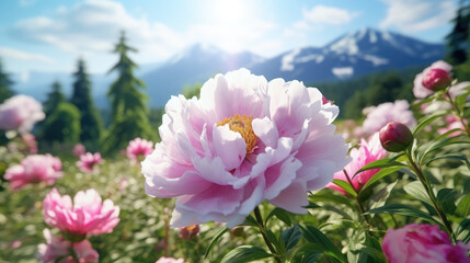 Fototapeta premium Peony Garden in Bloom: Capture the delicate beauty of pink peony flowers in a vibrant garden scene, with a majestic mountain range as the backdrop.