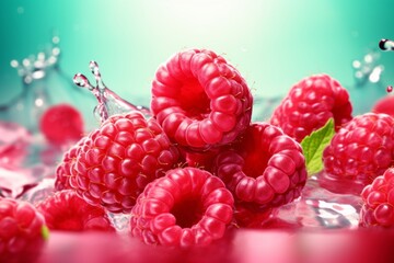 Raspberries in a splash of water and juice on a light green background