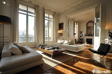 The living room is modern and has parquet flooring with chic furniture.