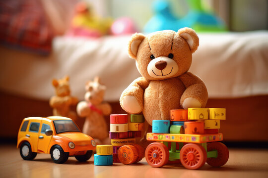 Vibrant and delightful scene with a variety of wooden toys teddy bears and robots on a circular pedestal. The contrasting colors enhance the playful atmosphere. AI generative.