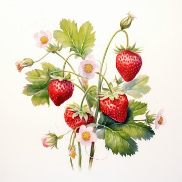 Strawberry branches painted with watercolor on white background