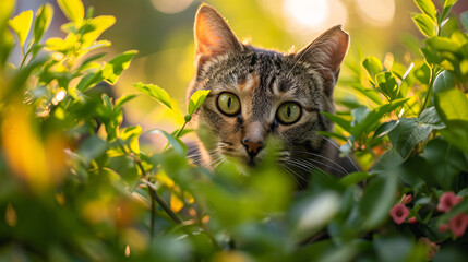 A cat roams the garden.