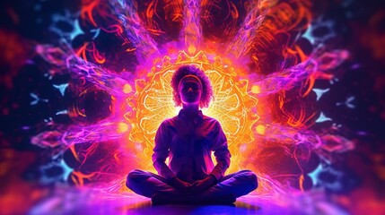 Illustration of a silhouette of a woman in a meditation pose with radiating colored energy chakras against the backdrop of an abstract cosmic landscape, Concept: spirituality and harmony of the inner  - obrazy, fototapety, plakaty