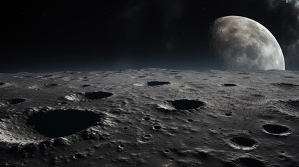Moon surface in deep dark space.  lunar landscape, Space art fantasy. Black and white. Generated AI