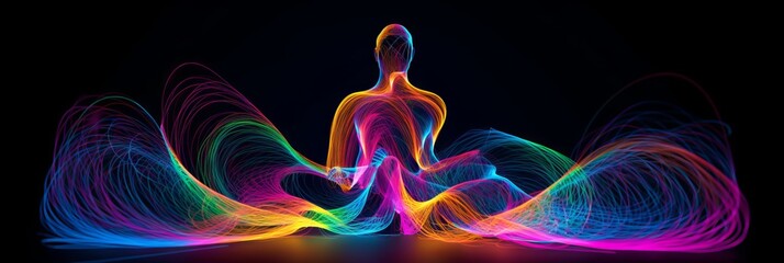 Illustration of a silhouette of a woman in a meditation pose with radiating colored energy chakras against the backdrop of an abstract cosmic landscape, Concept: spirituality and harmony of the inner  - obrazy, fototapety, plakaty