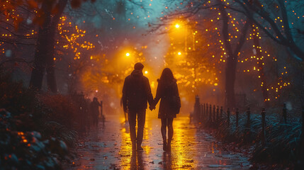 A guy and a girl are walking in the park at night, a couple in love