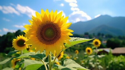Fototapeta premium sunflowers in field the mountain background, beautiful view nature of spring season 