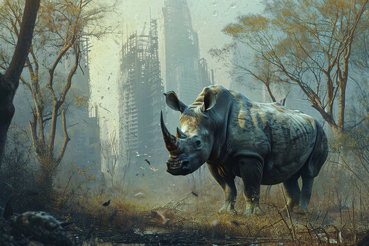A Javan rhino stands in a shrinking forest.
