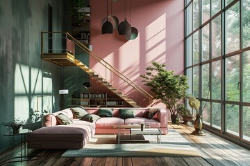Modern living room with comfortable sofa, pastel colored walls, large windows, stairs to the second floor. A combination of dusty pink and shades of green. Trendy color combination.