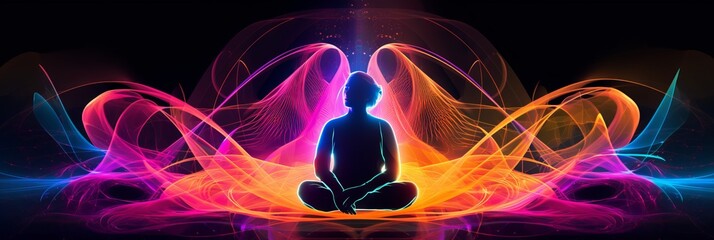 Illustration of a silhouette of a woman in a meditation pose with radiating colored energy chakras against the backdrop of an abstract cosmic landscape, Concept: spirituality and harmony of the inner 