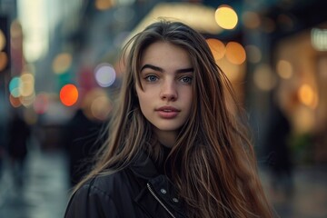 Fototapeta premium A stunning shot of an attractive young European woman walking down the street of a busy city, in a serene and calm style.