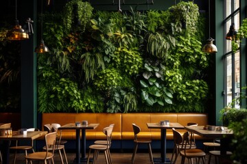 A modern cafe or restaurant with a living wall of greenery, biophilic design, vertical gardening,...