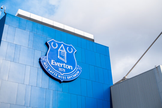 Liverpool, Merseyside, UK, February 2017:Everton football club stadium facade, showing club crest and logo. Located at Goodison Park Stadium, Goodison Rd, Liverpool L4 4EL. Copy space.