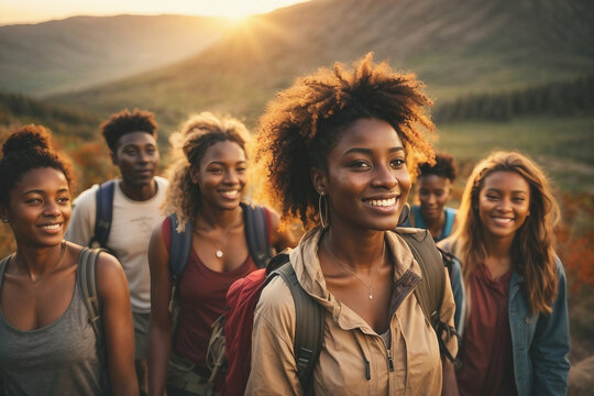 Photo Of A Group Of Black Teenagers Doing Hiking Activities While The Sun Was Setting.Image Generative AI