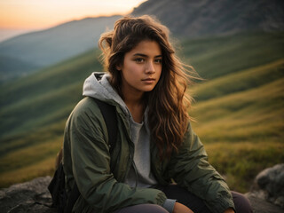 Female teenager doing hiking activities Life and health concepts, Image generative AI.
