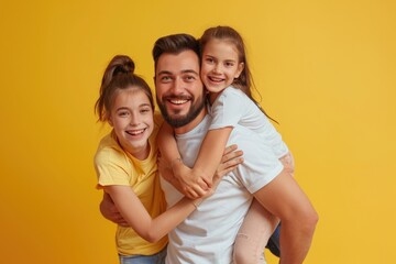 Fototapeta premium Happy young parents with daughter in piggyback pose isolated studio portrait.