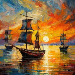ship in the sea.an original oil masterpiece on canvas that captures the serene beauty of boats silhouetted against a vibrant sunset. Use rich, warm tones to depict the fading light, reflecting off the