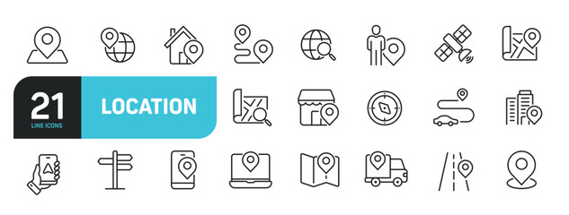 Set of line icons related to location, map, navigation. Outline icons collection. Editable stroke. Vector illustration.