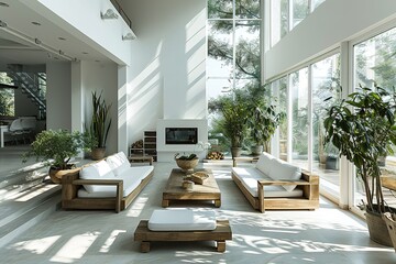 White and wood living room with sofa and armchair