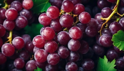 Fototapeta premium Fresh Red Grapes Cluster with Vibrant Green Leaves