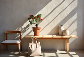 A sun-kissed houseplant rests in a stylish flowerpot on a wooden bench, bringing a touch of nature to the indoor still life design