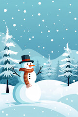 Cheerful Snowman in a Winter Wonderland: A Festive Cartoon Illustration With a Cute Snowman, Happy and Smiling, Wearing a Hat and Scarf, With a Carrot Nose and Snowflake Decorations, Standing Amongst