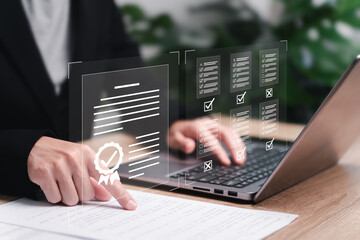 Certification test document concept, Business management system quality assurance. Businesswomen...
