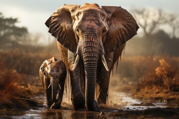 A majestic herd of terrestrial animals, with their impressive tusks and powerful presence, traverses the muddy terrain under a vibrant sunrise sky, showcasing the raw beauty and wild spirit of these  - obrazy, fototapety, plakaty
