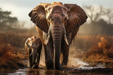 Foto op Aluminium A majestic herd of terrestrial animals, with their impressive tusks and powerful presence, traverses the muddy terrain under a vibrant sunrise sky, showcasing the raw beauty and wild spirit of these  © familymedia