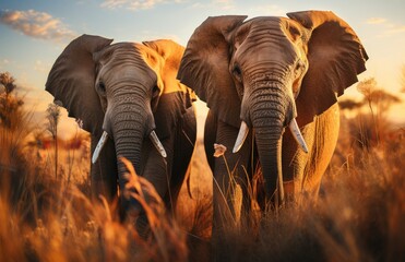 As the sun sets behind them, two majestic elephants roam through the tall grass of the african savannah, their tusks glinting in the light as they stand against the breathtaking backdrop of the open 
