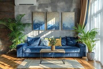 Real photo of bright living room interior with royal blue couch, three simple paintings, window with curtains and fresh plants