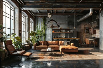 Stylish Interior Design Background. Industrial Living Room.